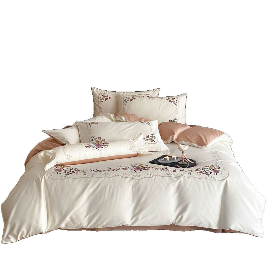 Embroidered cotton satin bedding set with floral border embroidery and reversible function