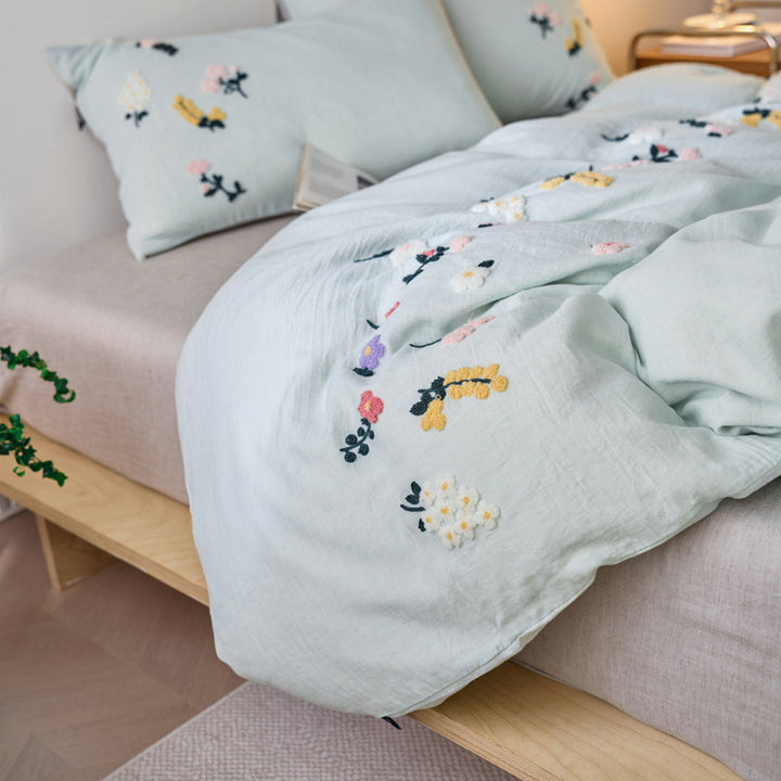 Hand-Tufted Floral Appliqué Linen Duvet Cover and Pillow Sham Set