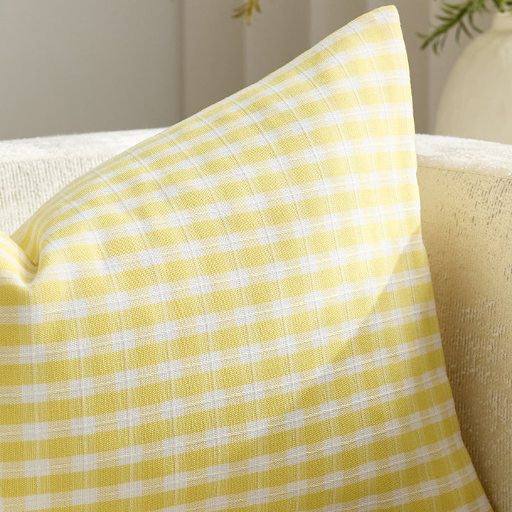 Gingham Cotton-Linen Square Throw Pillow Covers with Hidden Zipper Pair