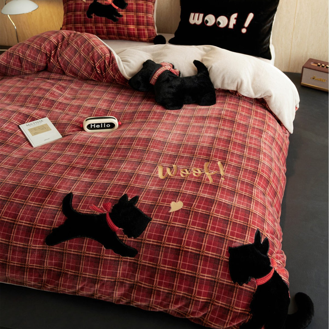 Plaid Cotton Duvet Cover Set with Embroidered Scottie Dog Appliqué and Reversible Plush Lining
