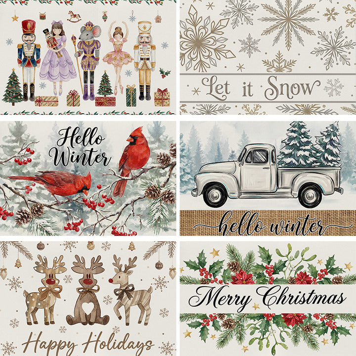 Festive Cotton-Linen Holiday Banner Tapestry with Illustrated Pine Trees and 'Merry Christmas' Script