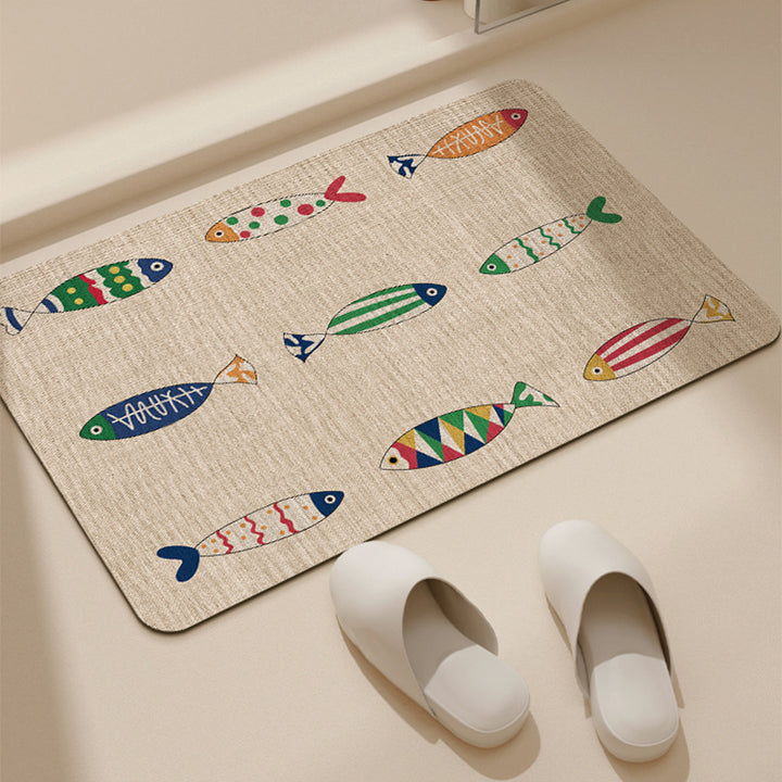 Absorbent Low-Profile Jute-Texture Fish Pattern Entrance & Bath Mat