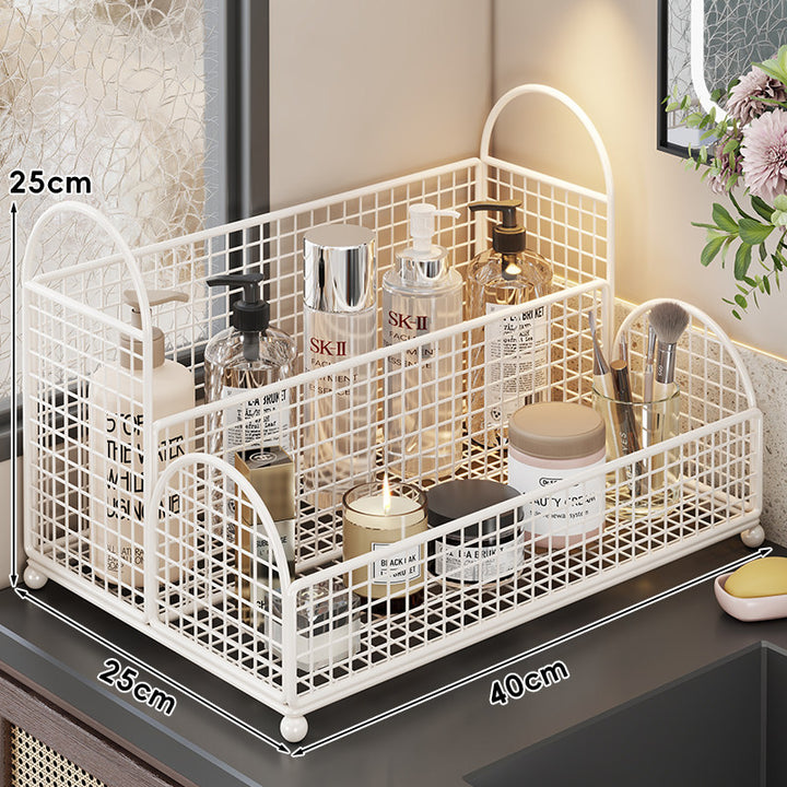 Grid Metal Countertop Vanity Storage Caddy with Raised Feet and Dual Arch Handles