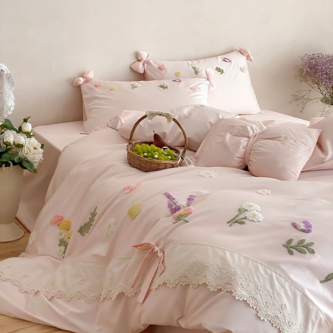 Hand-Embroidered Floral Bow-Accent Duvet Cover Set with Lace-Trim Pillow Shams