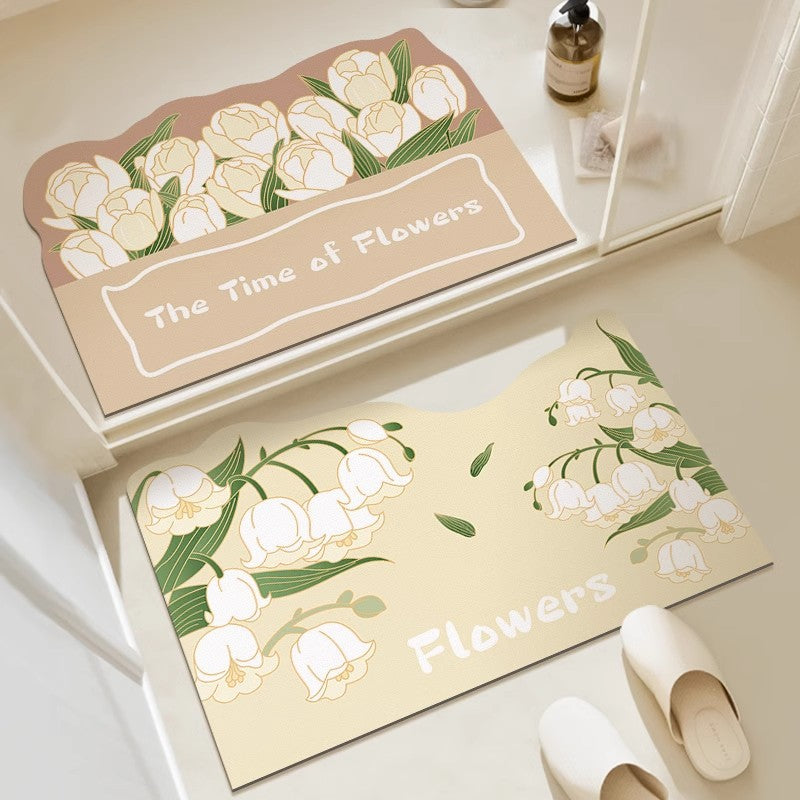 Absorbent Non-Slip Entrance Doormat with Tulip Illustration and 'The Time of Flowers' Typography