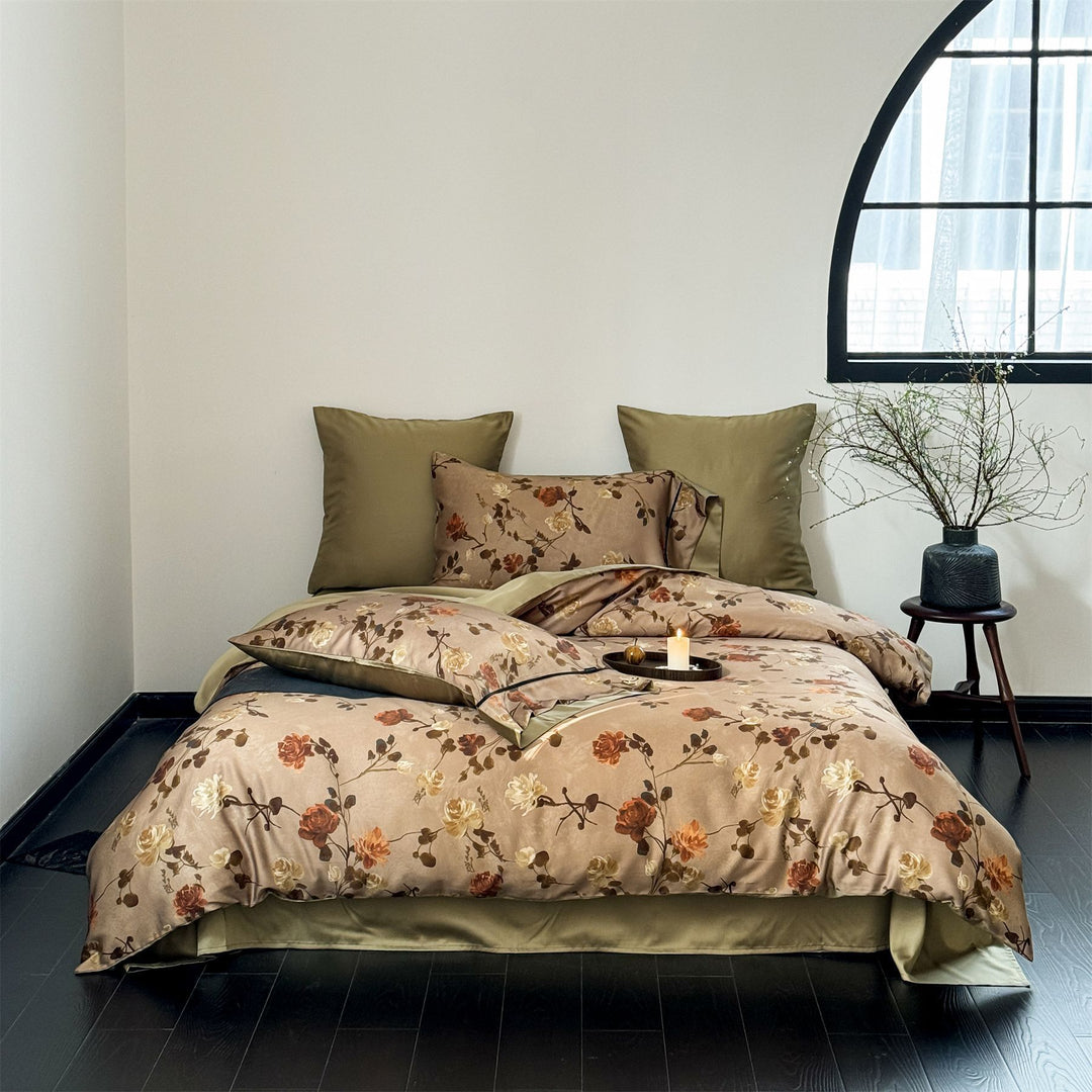 Designer bedding set in toile style with ruffle and silky matte cotton satin