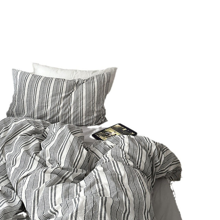 Reversible cotton-linen duvet cover set with natural texture, fine striped structure, and breathable, easy-care quality