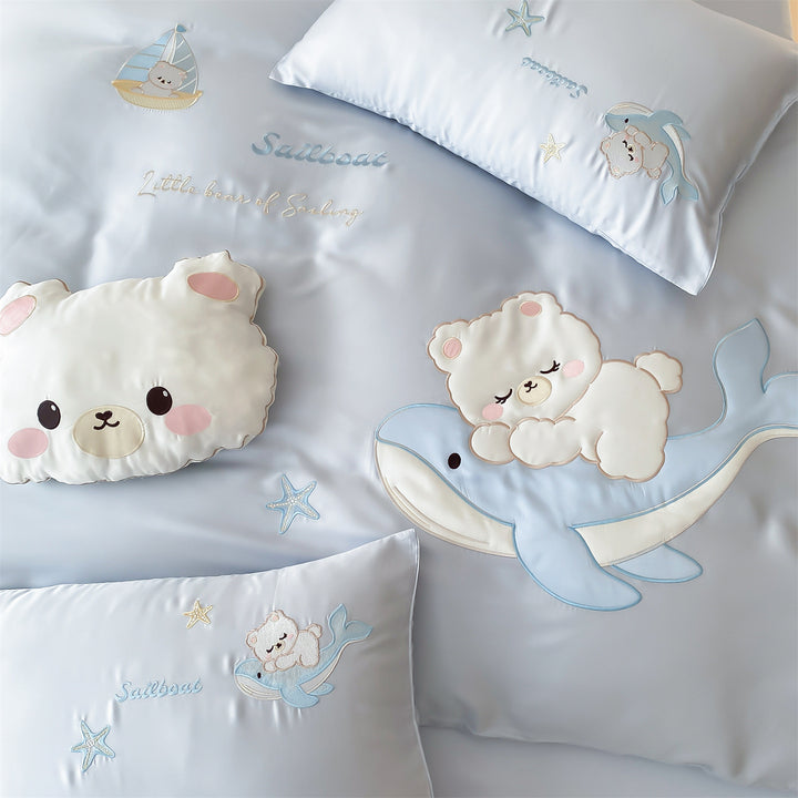 Kids Embroidered Cotton-Sateen Duvet Cover Set with Plush Bear Appliqué & Whale Motif