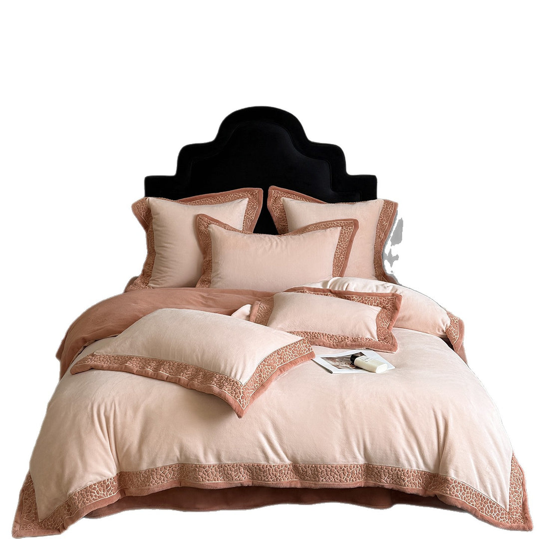 Noble bed set made of cotton-linen blend with embossed border appliqué