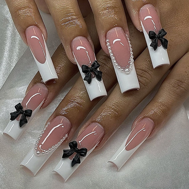 Elegant Press-On Nail Art Set with Pearl and Bow Accents Stornfield