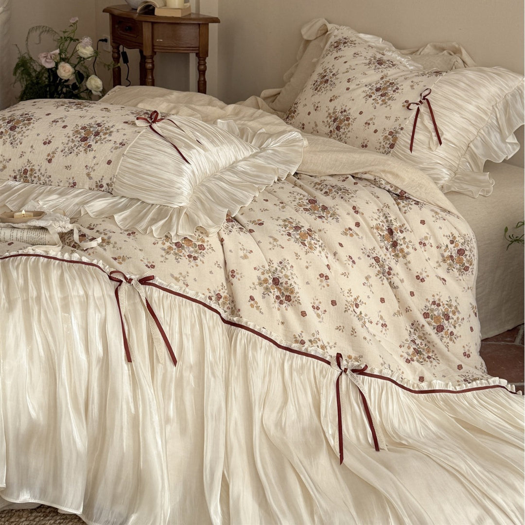 Floral Ruffled Satin-Trim Duvet Cover Bedding Set with Decorative Ribbon Bows