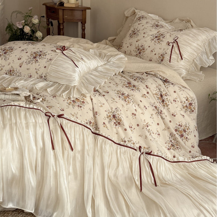 Floral Ruffled Satin-Trim Duvet Cover Bedding Set with Decorative Ribbon Bows