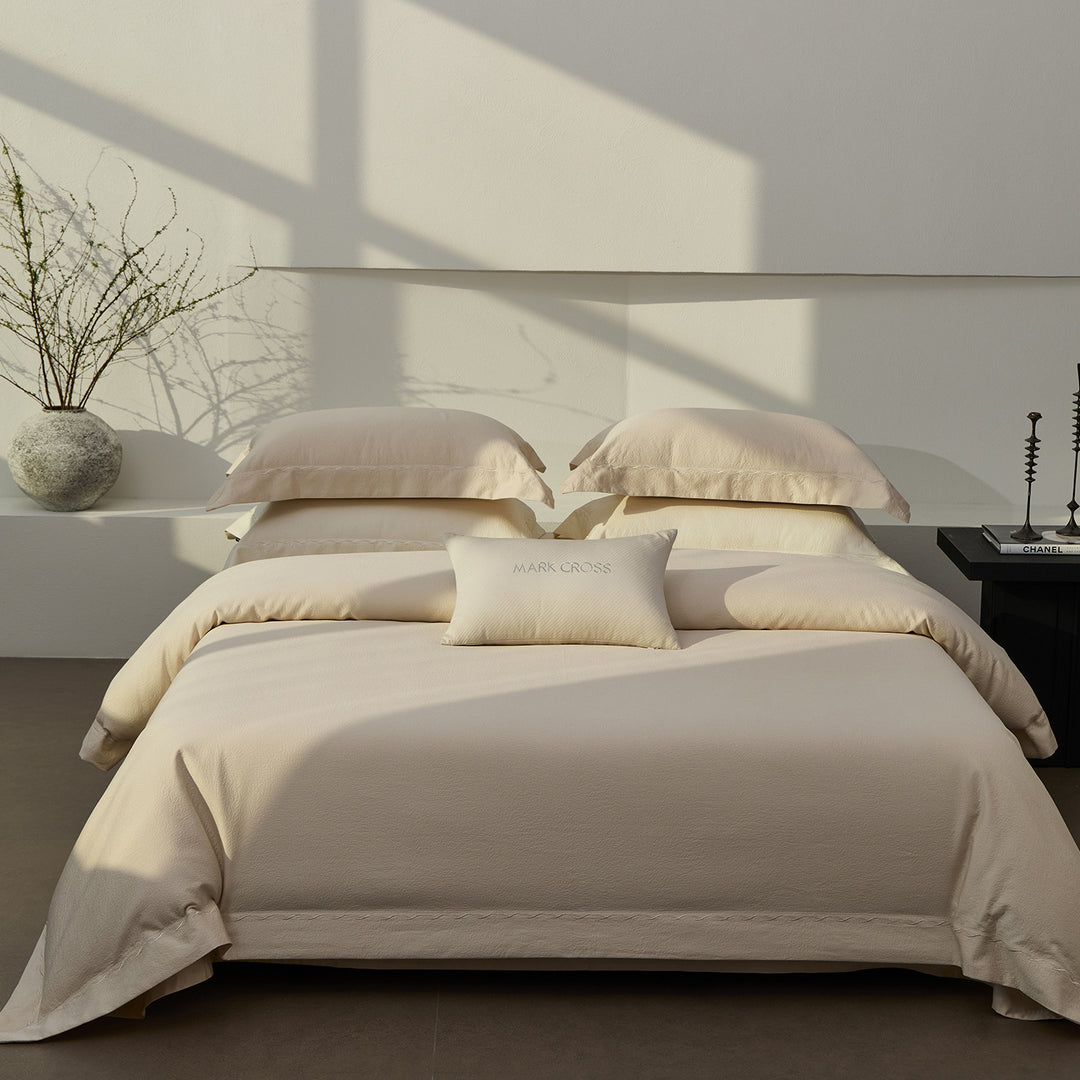 Textured Cotton Sateen Duvet Cover Set with Pillow Shams and Accent Cushion