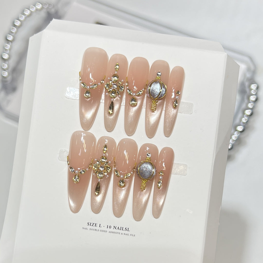 Decorative Stiletto Press-On Nail Set with Elegant Gemstone Embellishments Stornfield