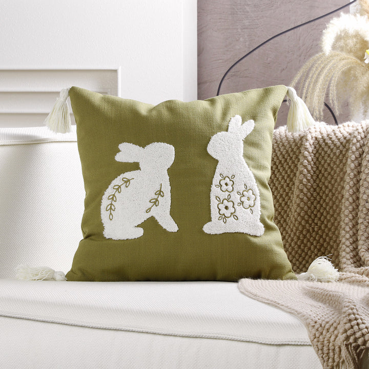 Embroidered Bunny Appliqué Tassel Lumbar Pillow Cover