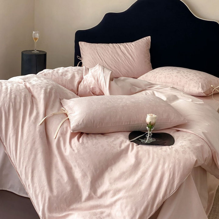 Floral Jacquard Satin-Feel Duvet Cover Set with Tie-Closure Pillow Shams