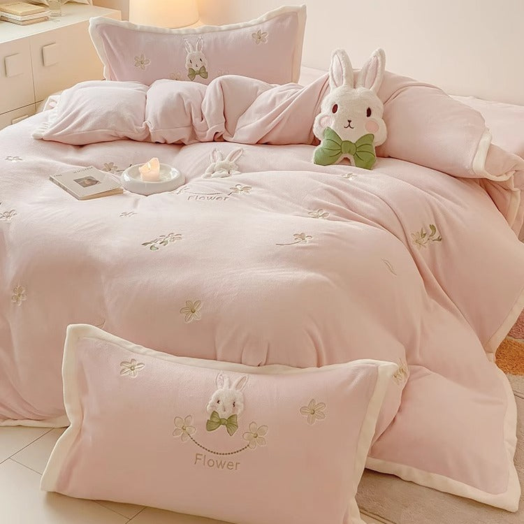 Embroidered Plush Bunny Comforter Bedding Set with Decorative Pillow Shams