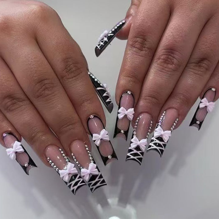 Stiletto Press-On Nail Set with Decorative Bow and Gem Accents Stornfield