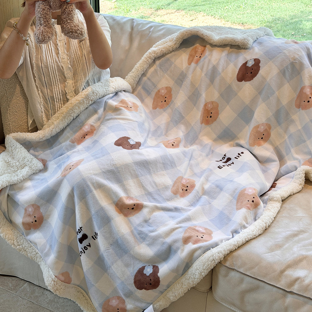 Plush Sherpa-Lined Teddy Print Reversible Throw Blanket