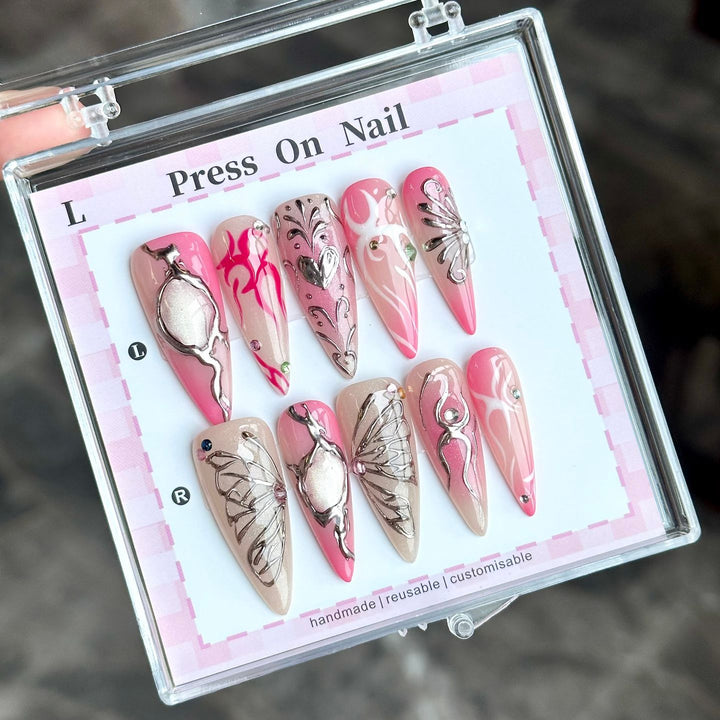 Decorative Press-On Nail Set with Artistic Design