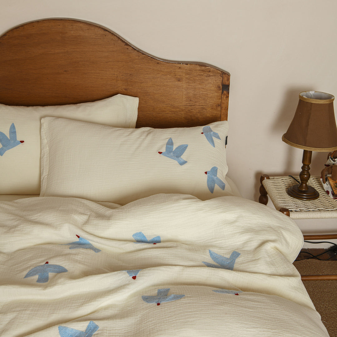 Washed Cotton Muslin Embroidered Bird Duvet Cover Set