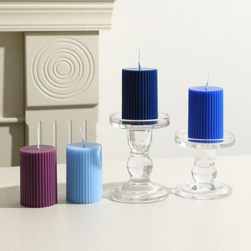 Ribbed Column Pillar Candle with Glass Pedestal Holder