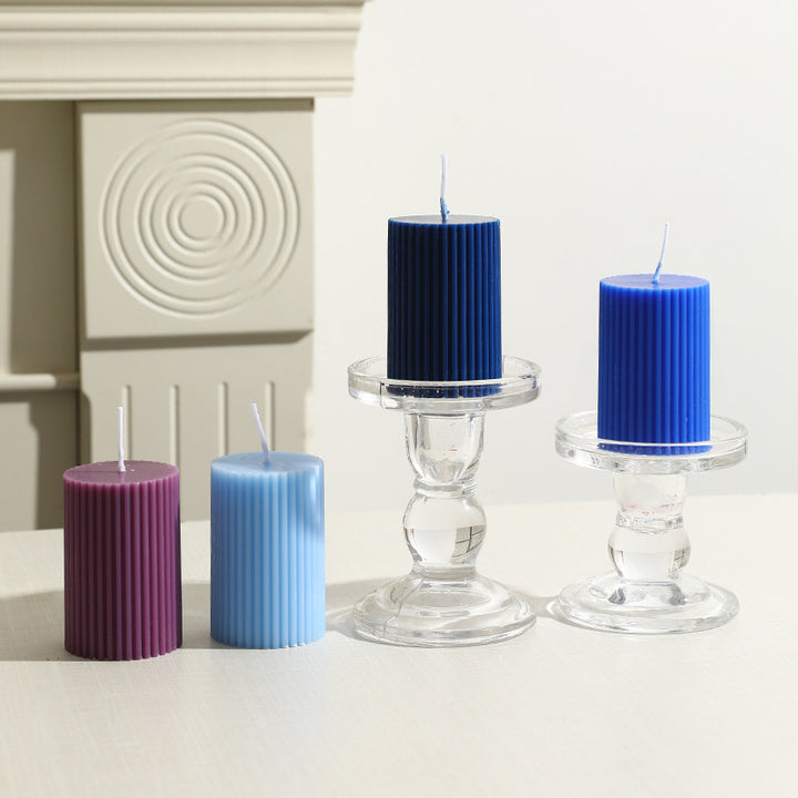 Ribbed Column Pillar Candle with Glass Pedestal Holder