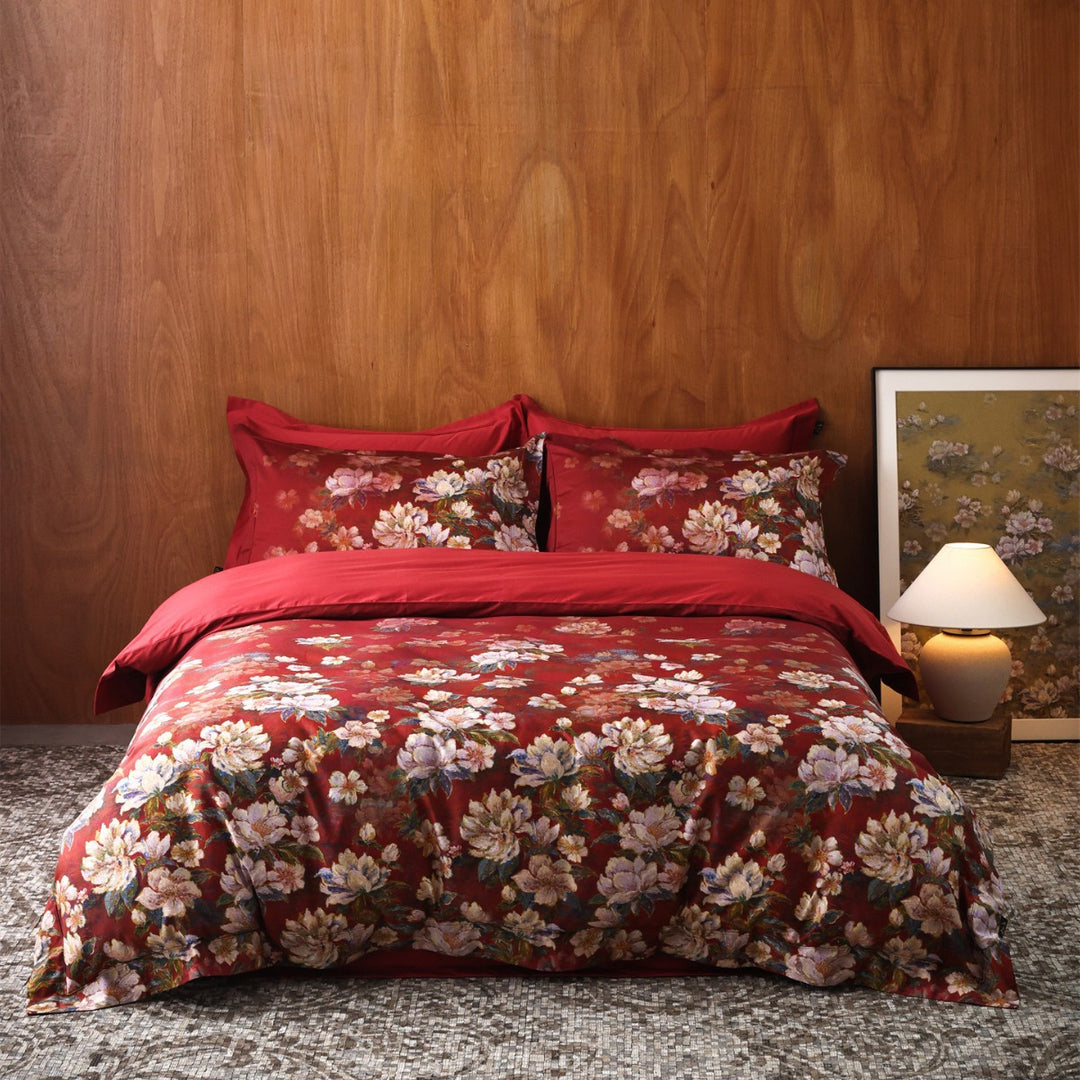 Botanical Painterly Floral Cotton-Sateen Duvet Cover Ensemble with Silky Sheen and Hidden Closure