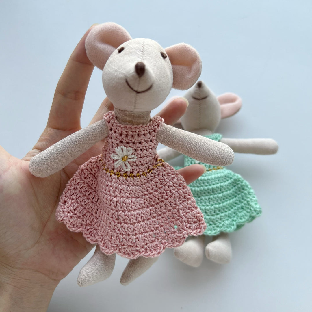 Handcrafted Cotton Mouse Doll with Crochet Floral Dress