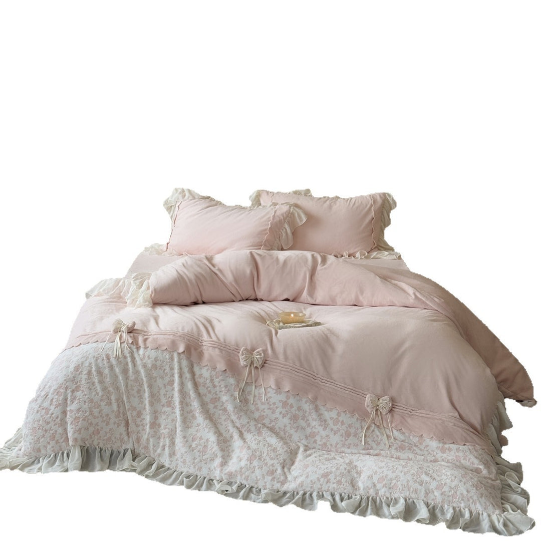 Ruffled Floral Cotton Duvet Cover Set with Sheer Ruffle Bedskirt & Decorative Tie-Bows
