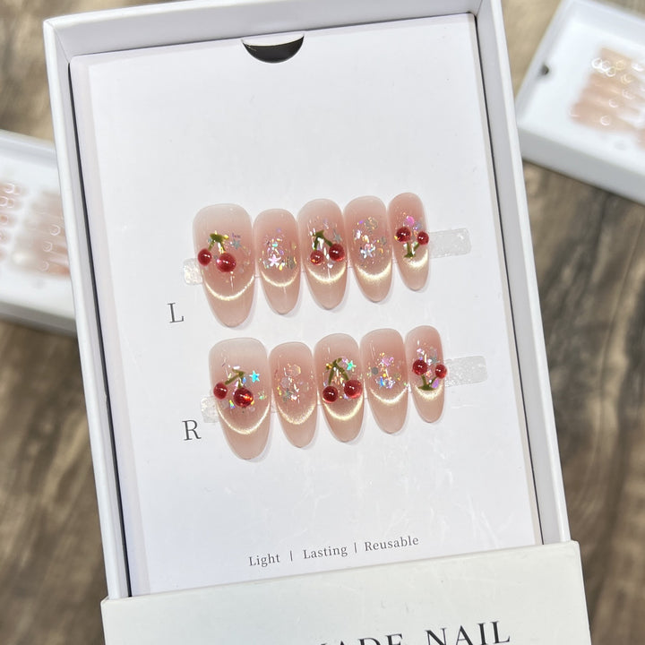 Handmade Cherry-Embossed Press-On Nail Set Stornfield