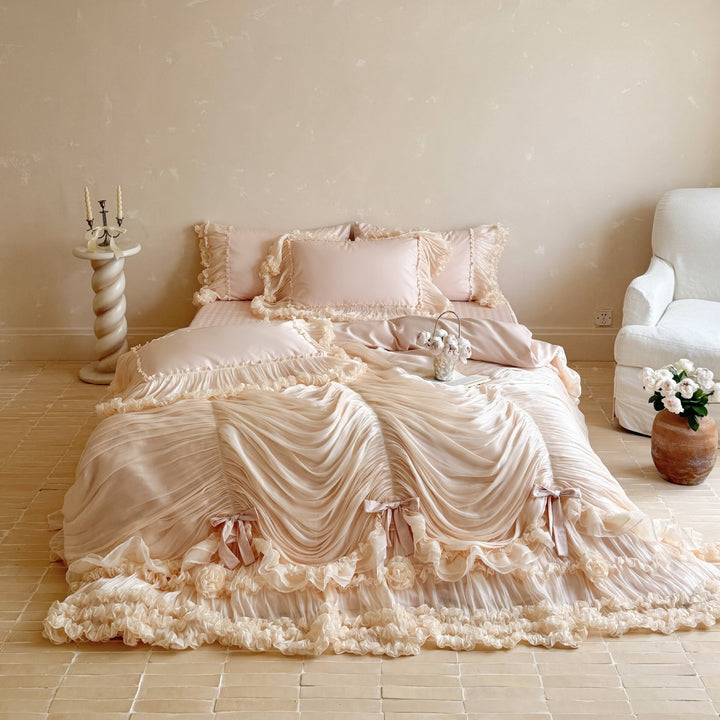 Romantic bedding set with gathered chiffon ruffle and decorative pillow
