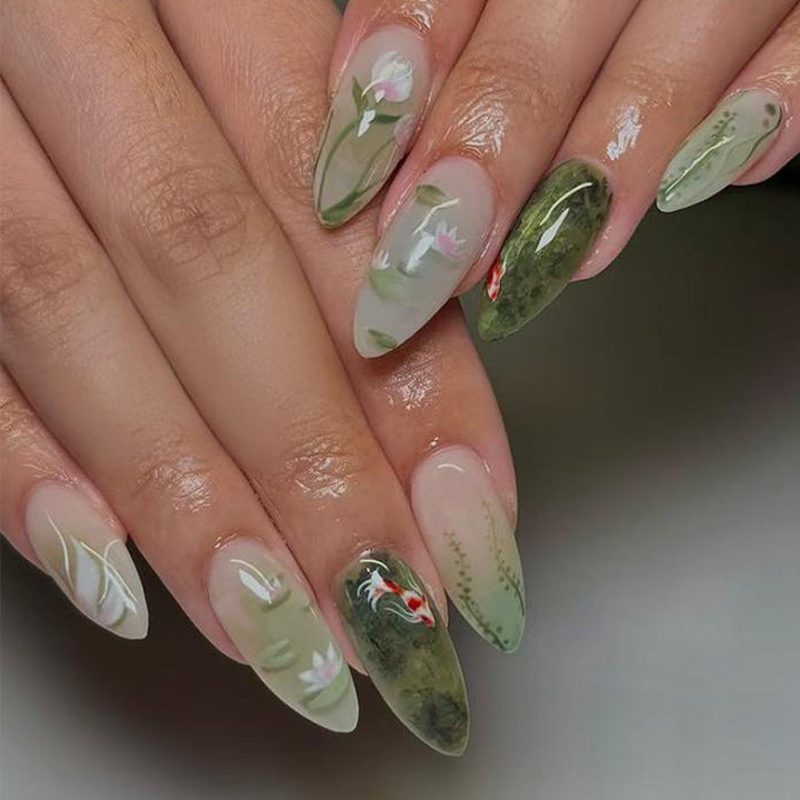 Acrylic nail set with floral designs and elegant accents Stornfield