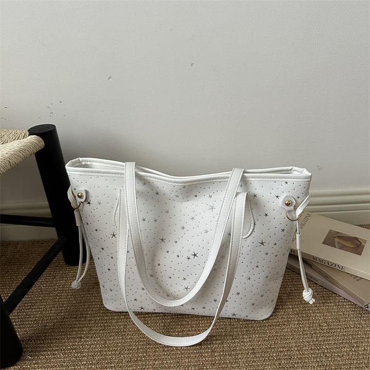Star-Accented Faux Leather Tote Bag