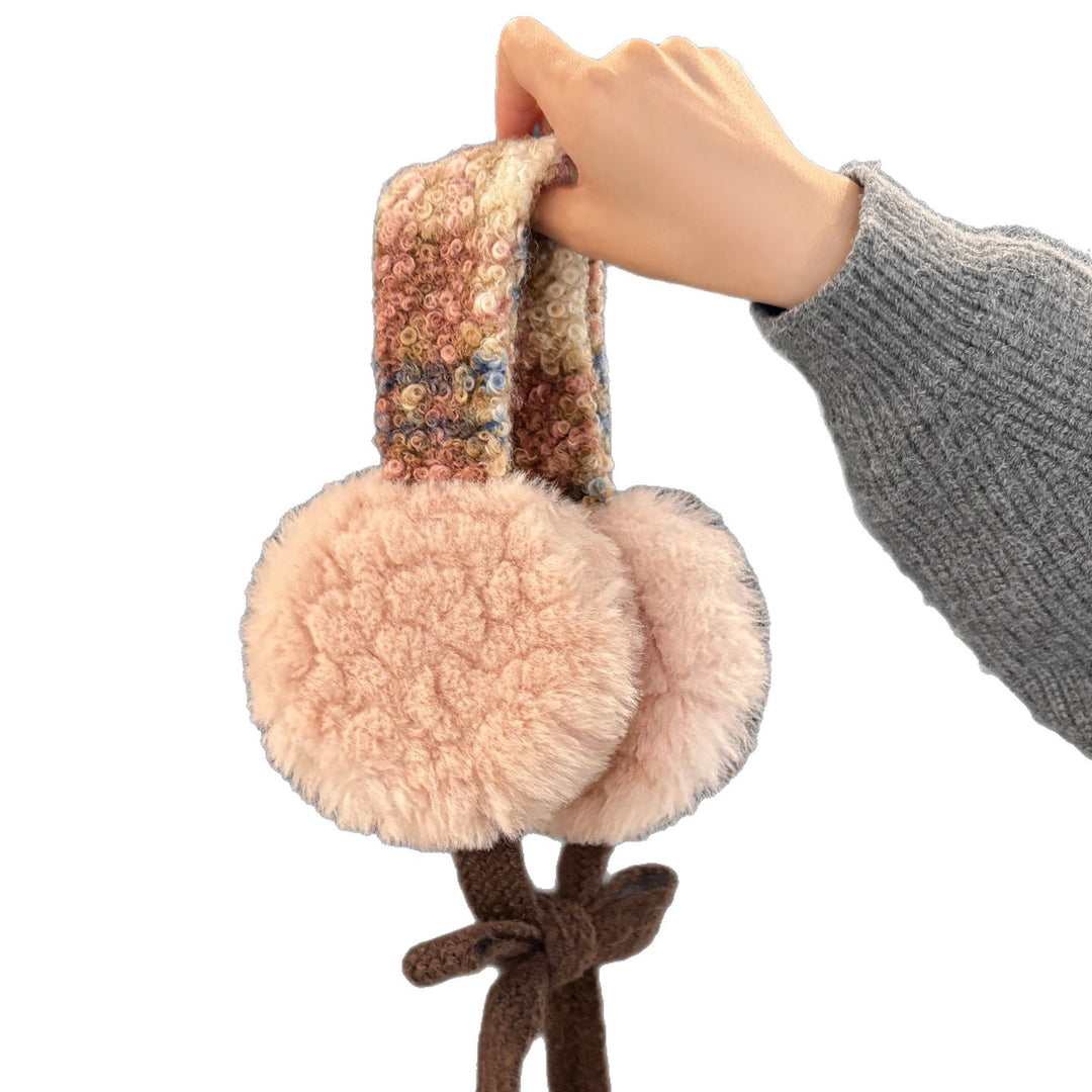 Plush Curly Faux-Fur Round Earmuffs with Patterned Knit Tie Headband Stornfield