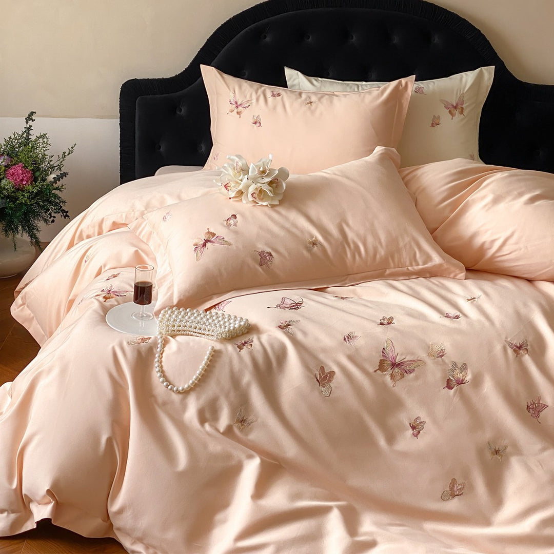 Embroidered Butterfly Cotton-Sateen Duvet Cover Set with Luxury Satin Finish