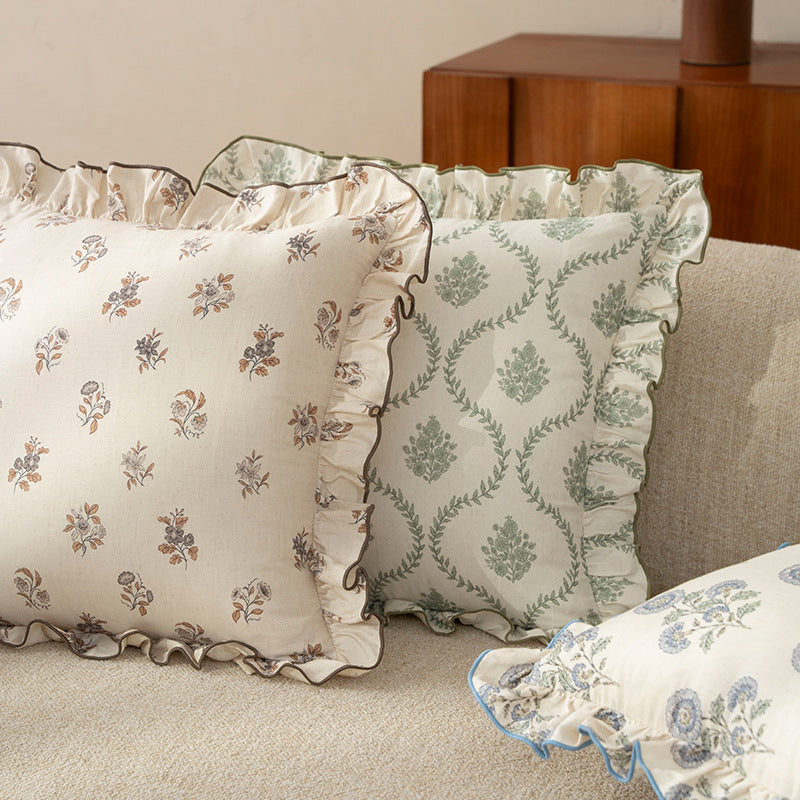 Decorative cushion with ruffles and botanical linen pattern Stornfield