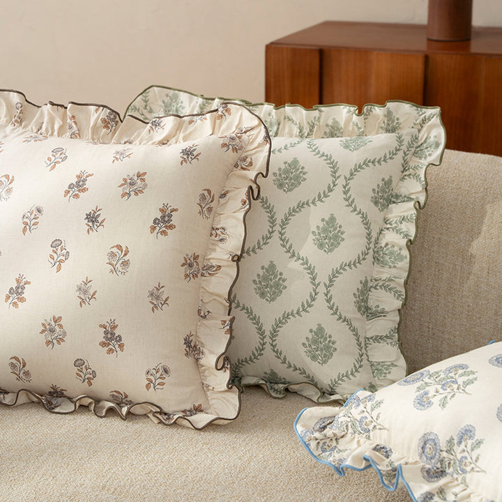 Decorative cushion with ruffles and botanical linen pattern Stornfield
