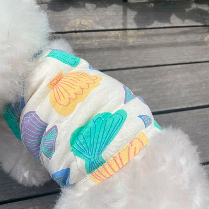 Small Dog Cotton Seashell-Print Sleeveless Tank Top with Stretch Hem