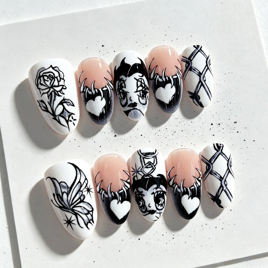 Artistic Press-On Nail Art Set with Unique Graphic Designs