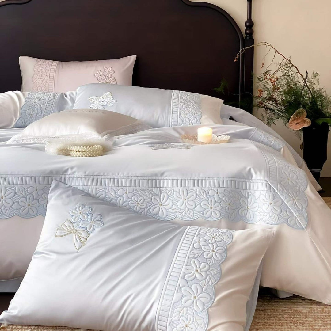 Embroidered Luxury Cotton Sateen Bedding Set with Floral Lace Trim