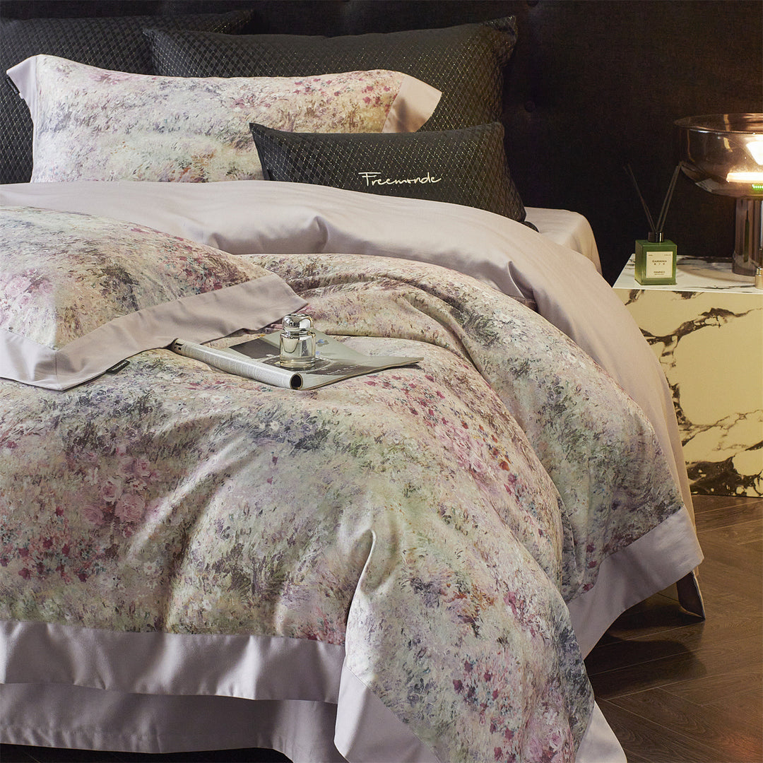 Reversible Watercolor Floral Sateen Duvet Cover Set with Satin Trim