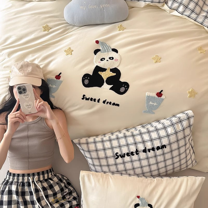 Embroidered Cotton Sateen Duvet Cover Set with Appliqué Bunnies and Polka Dot Pillowcases