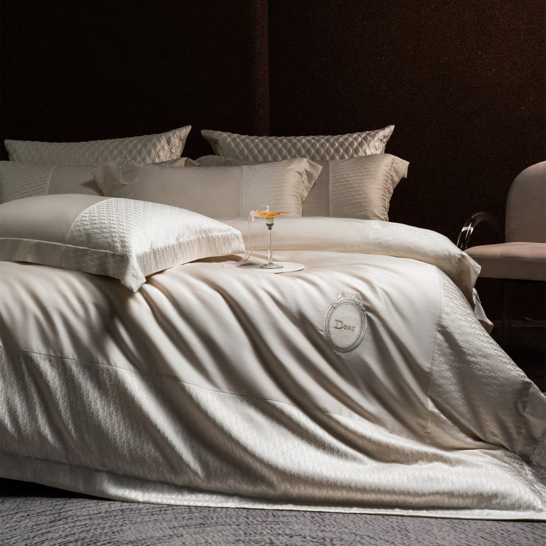 Silk-Feel Jacquard Sateen Duvet Cover Set with Embroidered Crest & Bed Skirt