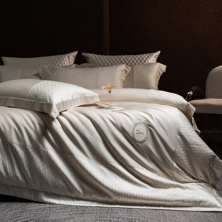 Silk-Feel Jacquard Sateen Duvet Cover Set with Embroidered Crest & Bed Skirt