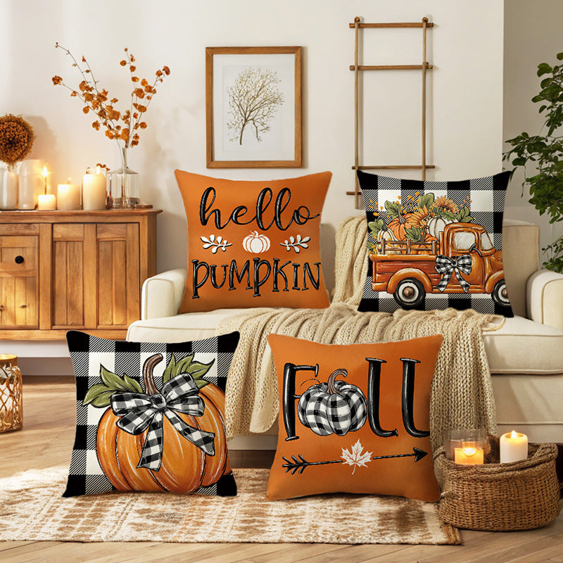 Decorative Cotton-Linen Fall Hello Pumpkin Square Throw Pillow Cover with Hidden Zipper