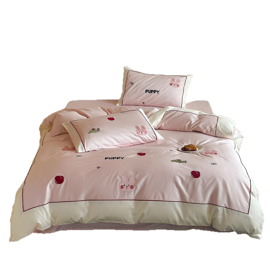 Cartoon Embroidered Cotton Sateen Duvet Cover Set with Piped Edge and Pillow Shams