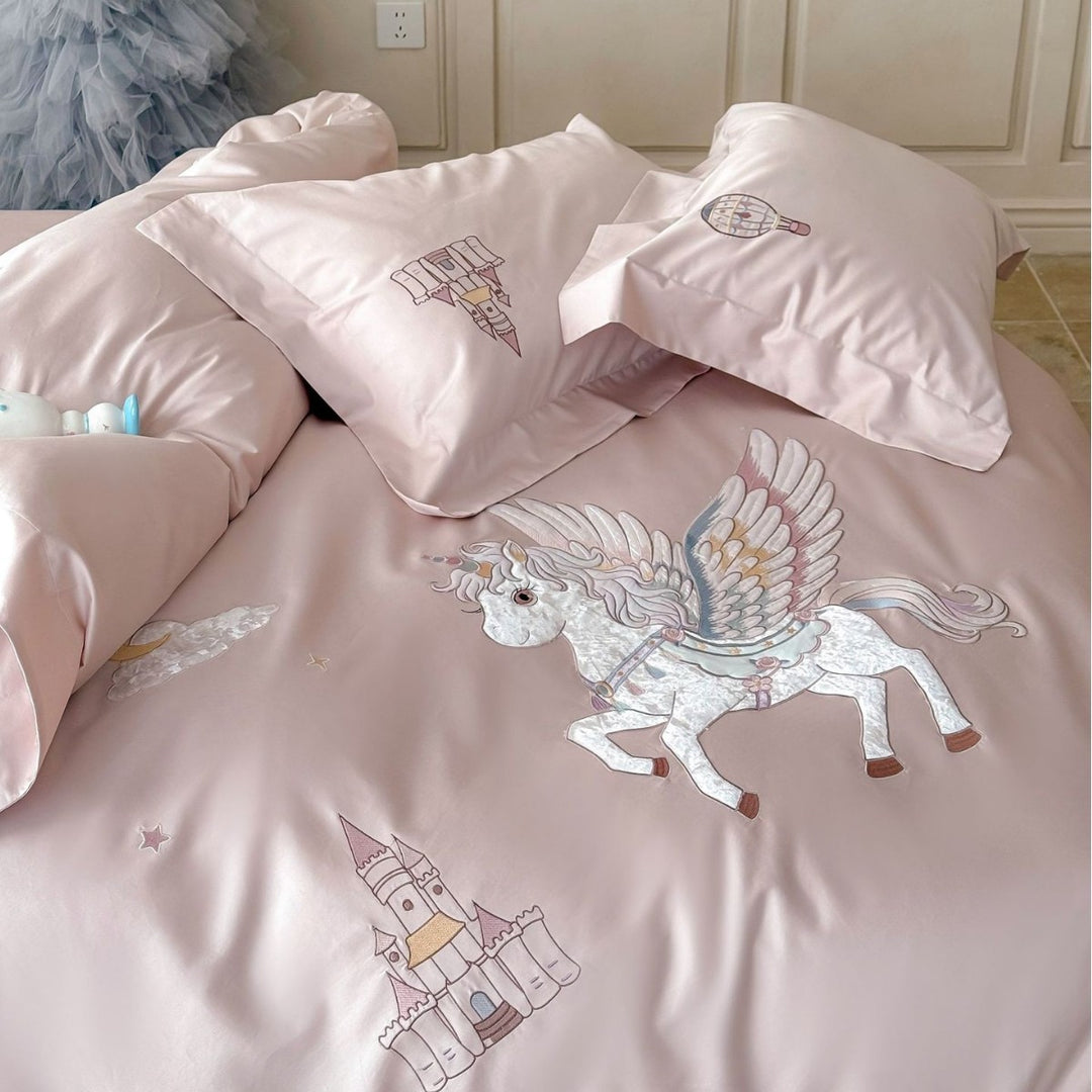 Fantasy Satin Duvet Cover Set with Embroidered Pegasus and Castle Motifs