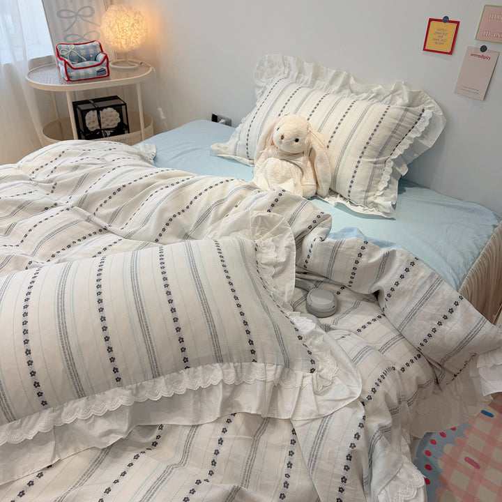 French Cottage Ruffled Cotton Duvet Cover Set with Striped Floral Embroidery and Frilled Pillow Shams