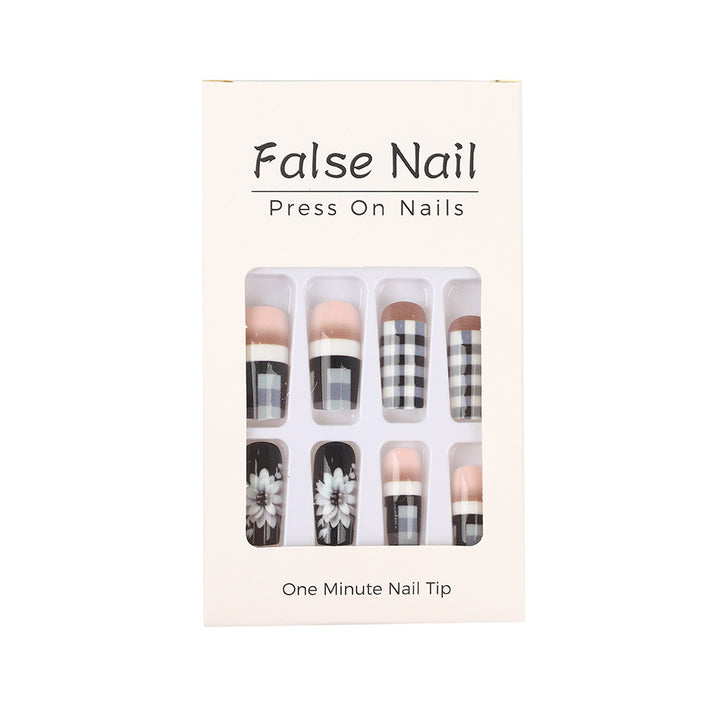 Creative artificial nails with stylish checkered patterns and floral design Stornfield